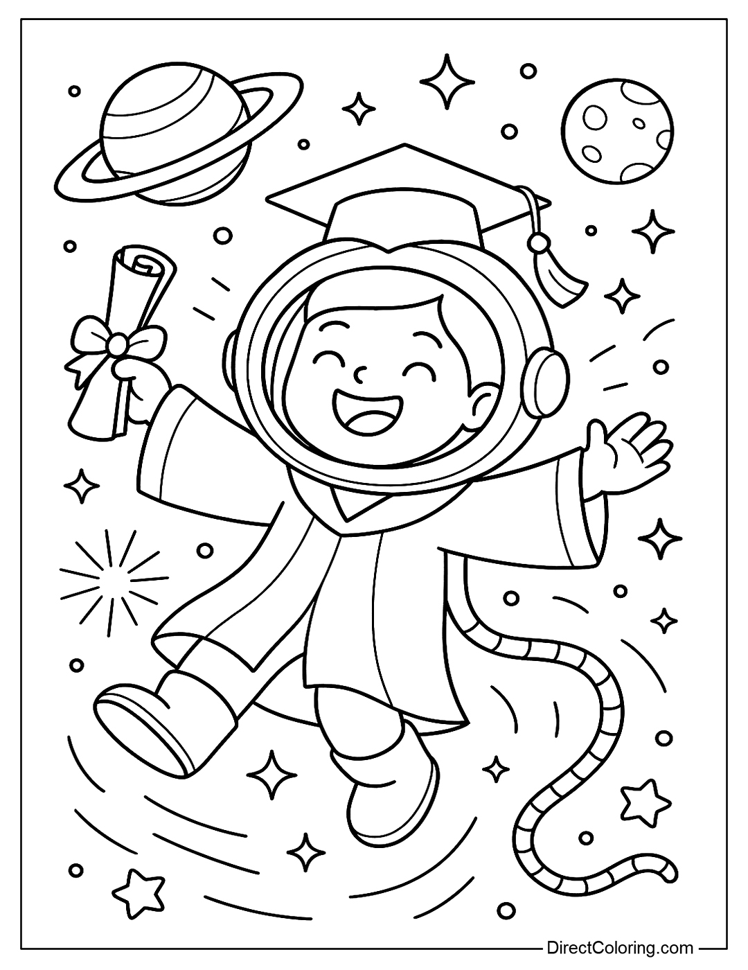 coloring page of a graduate flying in space with planets and stars around